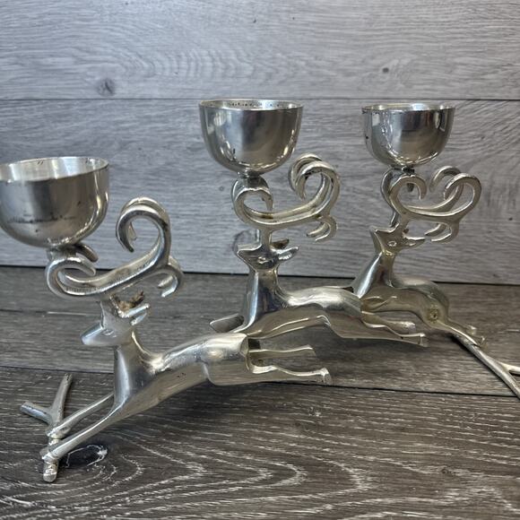 VTG 3 Silver Reindeer Deer Bucks Antler 3 Tea Light Candle Holders Candelabra - Picture 2 of 10